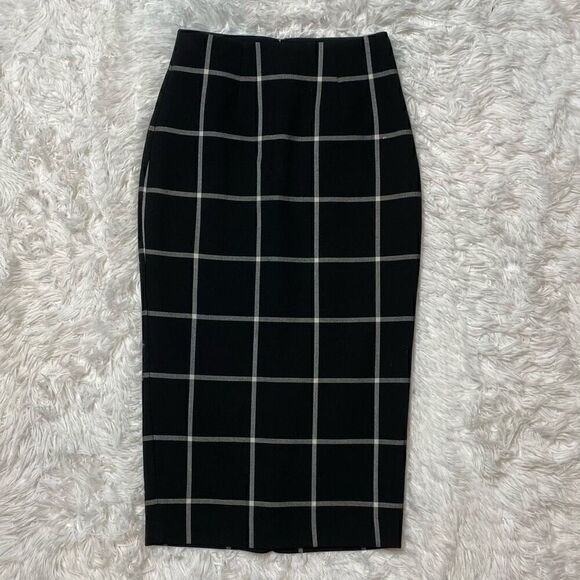 Lechateau Pencil Skirt Black White Checkered Midi Size 00 XS Lined Slit Career O - Picture 1 of 12